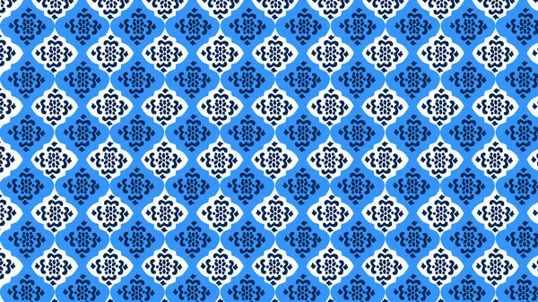 Duvar kağıdı, mozaik, mavi ve beyaz fayansların arka planı, çiçek desenli, ve her birinin ortasında bir çiçek var.