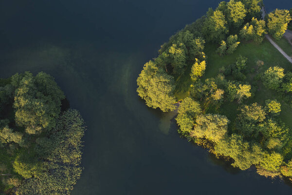 View from a hot air balloon. Two unconnected islands. Dark lake