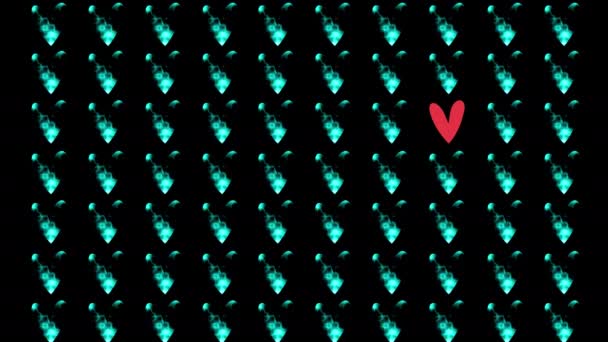 Mnoho Blikajících Neonových Srdcí Nichž Jedno Červené Kvalitní Záběry — Stock video