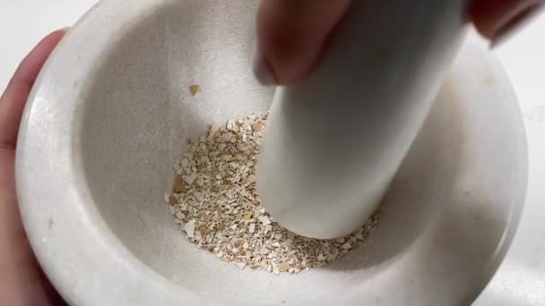Marble Mortar Rub Eggshells Domestic Chickens Make Calcium High Quality — Stock Video