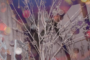 Noel oyuncakları beyaz bir ağacın dallarında asılı. Yüksek kalite fotoğraf