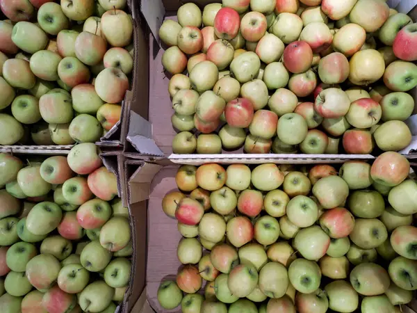 Süpermarket penceresinin üst görünümünde elmalar