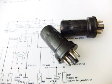 Electronic circuit of a vacuum tube amplifier with radio tubes and other equipment clipart