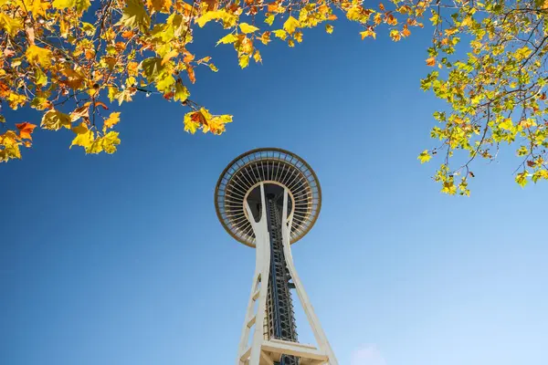 Sonbaharda, açık mavi gökyüzüne karşı, Seattle uzay iğnesi