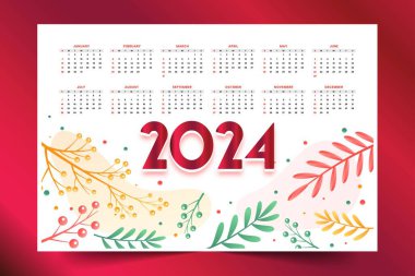 2024 yeni yıl İngilizce takvim şablonu çiçekli 