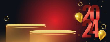 3d podyum platform vektörüyle 2024 yeni yıl bayrağı