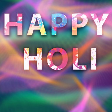Mutlu Holi tipografi posterleri. Soyut arkaplan üzerine Mutlu Holi metinleri
