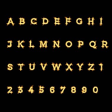 Alfabe harfleri ve rakamları siyah arkaplanda ateşle yazılmış..