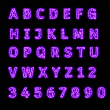 A 'dan Z' ye harflerle parlayan mor alfabe ve 0 'dan 9' a rakamlar