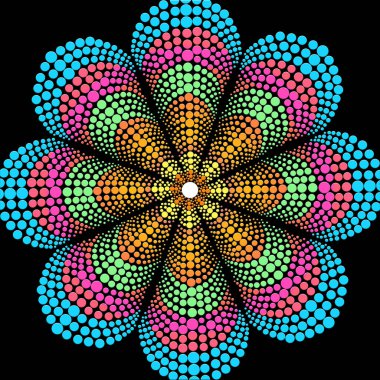 Renkli radyal çizgiler ve retro noktalar desenli canlı pop sanat tasarımı