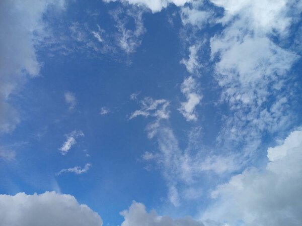 A bright blue sky filled with fluffy white clouds
