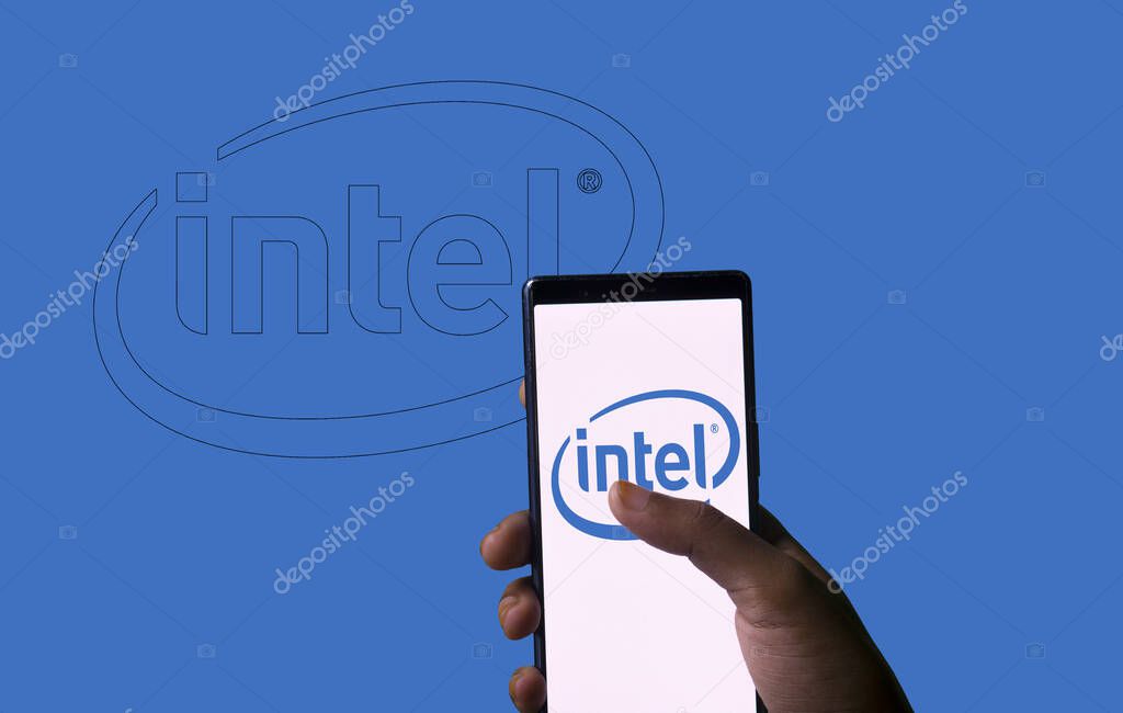 Dhaka, Bangladesh - 10 January 2024:Intel logo seen on the smartphone screen.world's largest semiconductor chip manufacturers by revenue.