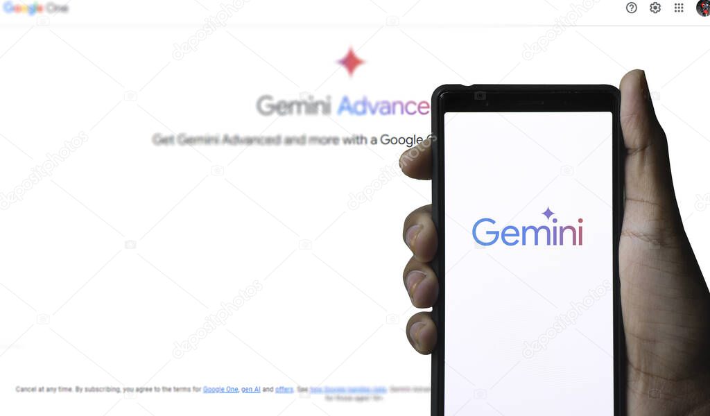 Google Gemini logo is displayed on a smartphone screen. The tool was launched by Google as its new multimodal artificial intelligence (AI) model,Dhaka,Bangladesh- 02 March 2024.