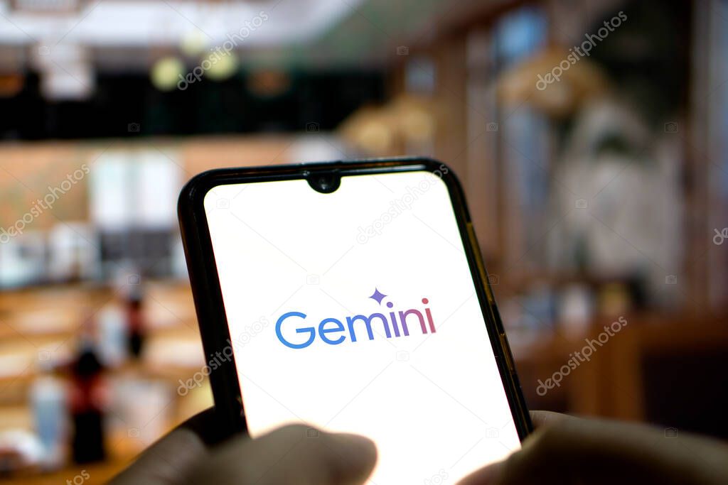 Google Gemini logo is displayed on a smartphone screen. The tool was launched by Google as its new multimodal artificial intelligence (AI) model,Dhaka,Bangladesh- 02 March 2024.