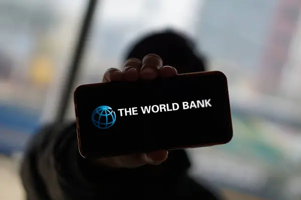 stock image The World bank Logo on smartphone,Dhaka,Bangladesh- 12 March 2024.