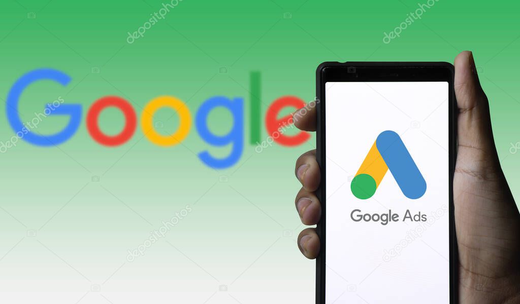 Dhaka,Bangladesh 03 May 2024:Google Ads (AdWords) logo seen displayed on a smartphone.