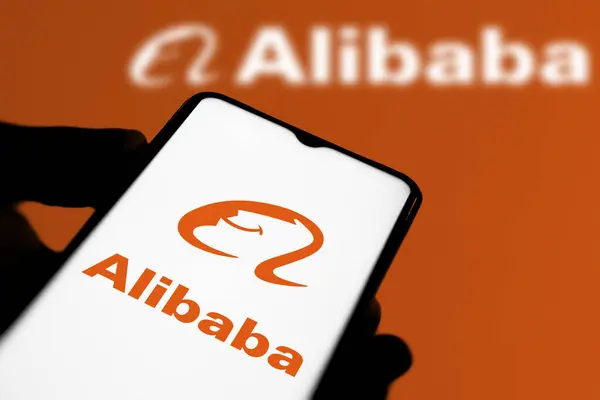 stock image Dhaka,Bangladesh 18 May 2024:Alibaba logo displayed on a smartphone.