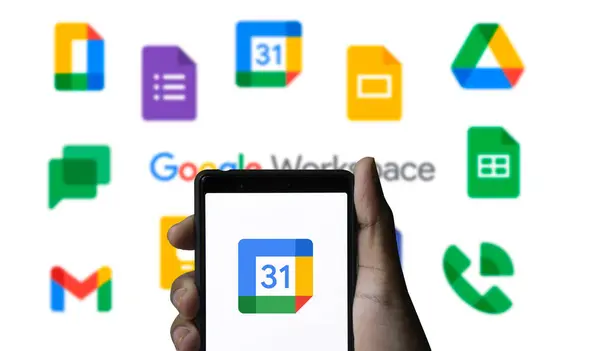 stock image Dhaka,Bangladesh 04 July 2024:Google Calendar logo is displayed on a smartphone.