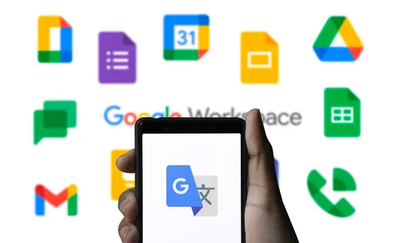 stock image Dhaka, Bangladesh- 05 July 2024: Google Translate logo is displayed on smartphone.