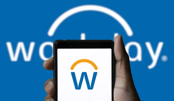 stock image Dhaka, Bangladesh- 21 Aug 2024: Workday logo is displayed on smartphone. Workday is a cloud-based software company offering financial, HR, and student management solutions.