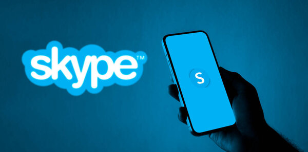 Dhaka. Bangladesh- 11 Oct 2024: Skype logo is displayed on smartphone.