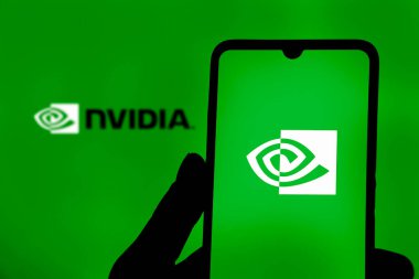 Dhaka,Bangladesh 11 Nov 2024: Nvidia logo on smartphone screen with AI in the background. Nvidia Corporation is an American multinational corporation and technology company. clipart