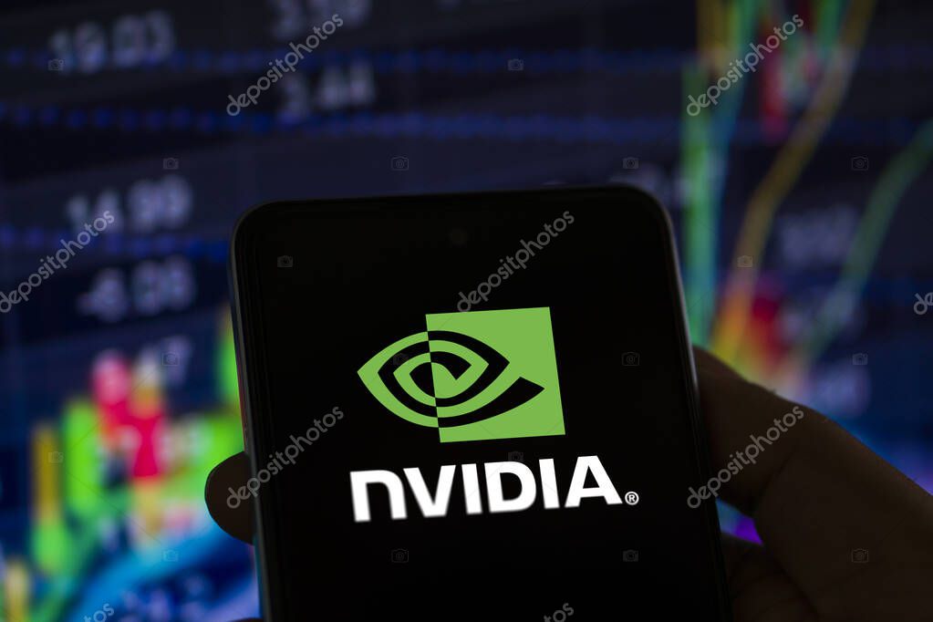 Nvidia corporation logo displayed on smartphone with stock market chart background. Nvidia is a global leader in artificial intelligence hardware and software