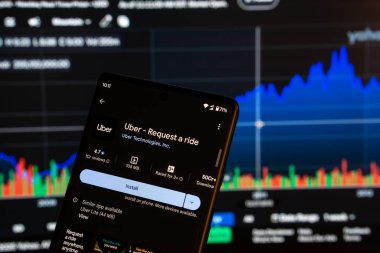 Dhaka, Bangladeş 08 Mart 2025: Akıllı telefondaki Uber uygulama kurulum ekranı ve arka plandaki finans piyasası grafiği.