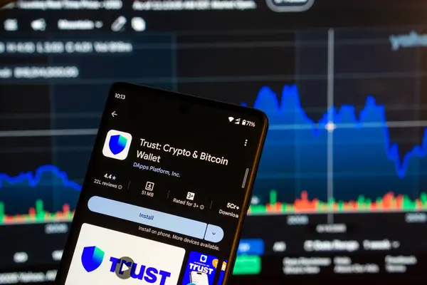 Dhaka, Bangladeş 08 Mart 2025: Akıllı telefondaki Crypto Bitcoin Cüzdan uygulaması kurulum ekranı ve arka plandaki finans piyasası grafiği.