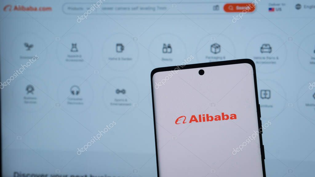 Dhaka, Bangladesh 01 May 2025: Alibaba logo displayed on a smartphone.