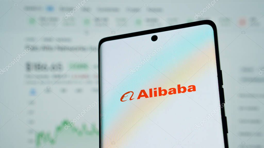 Dhaka, Bangladesh 01 May 2025: Alibaba logo displayed on a smartphone.