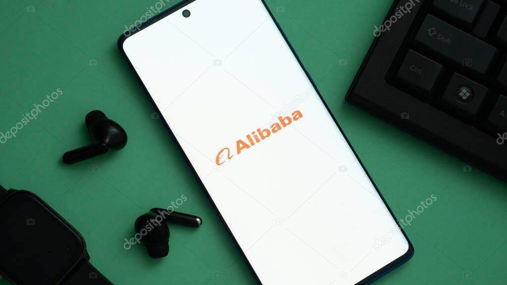 Dhaka, Bangladesh 01 May 2025: Alibaba logo displayed on a smartphone.