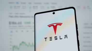Dhaka, Bangladeş 03 Mayıs 2025: Akıllı telefon ekranında Tesla logosu ve bulanık arkaplanda wab web sitesinin ana sayfası.