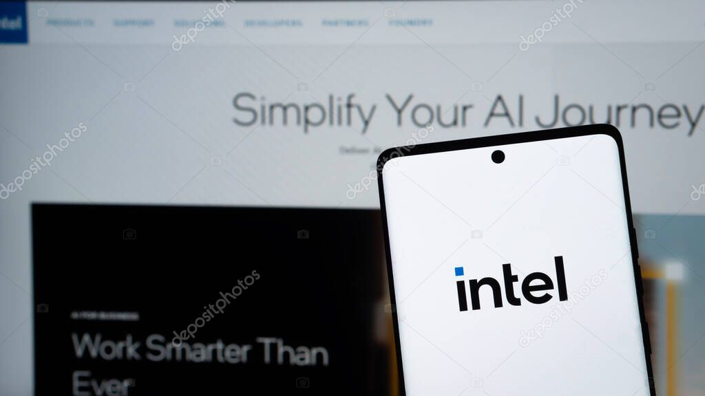 Dhaka, Bangladesh 04 May 2025: Intel Corporation logo on Smartphone. Intel an American multinational corporation and technology company .It is the world's largest semiconductor chip manufacturer.