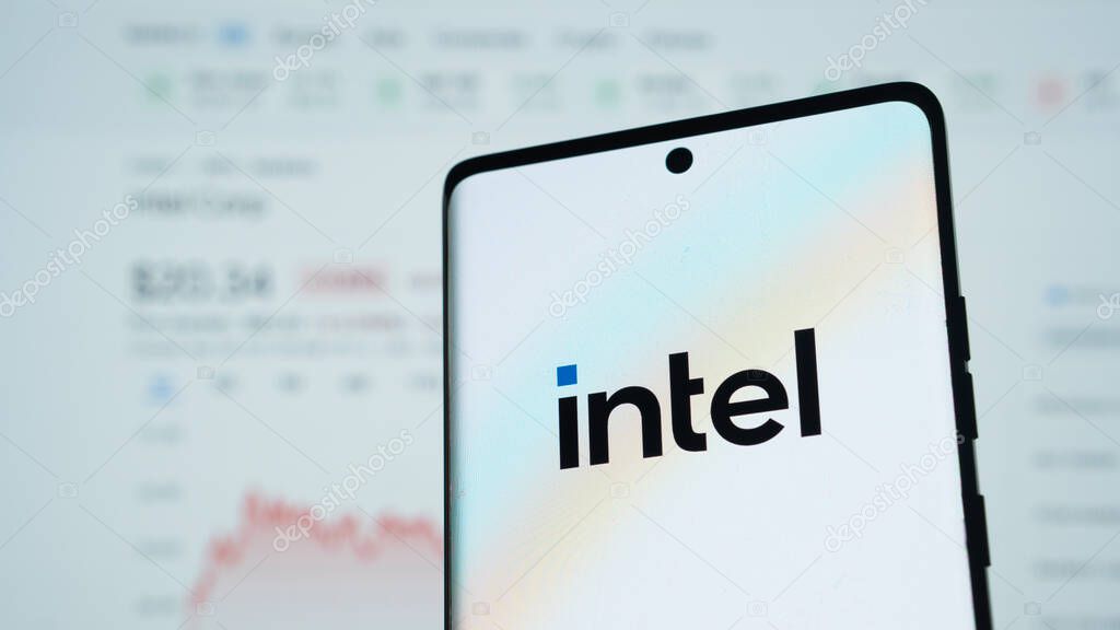 Dhaka, Bangladesh 04 May 2025: Intel Corporation logo on Smartphone. Intel an American multinational corporation and technology company .It is the world's largest semiconductor chip manufacturer.