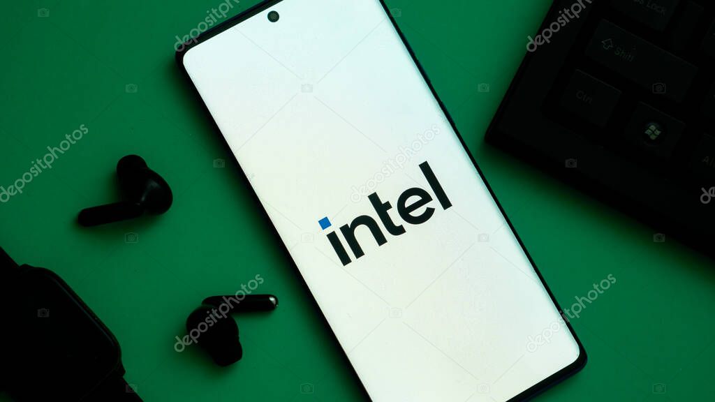 Dhaka, Bangladesh 04 May 2025: Intel Corporation logo on Smartphone. Intel an American multinational corporation and technology company .It is the world's largest semiconductor chip manufacturer.