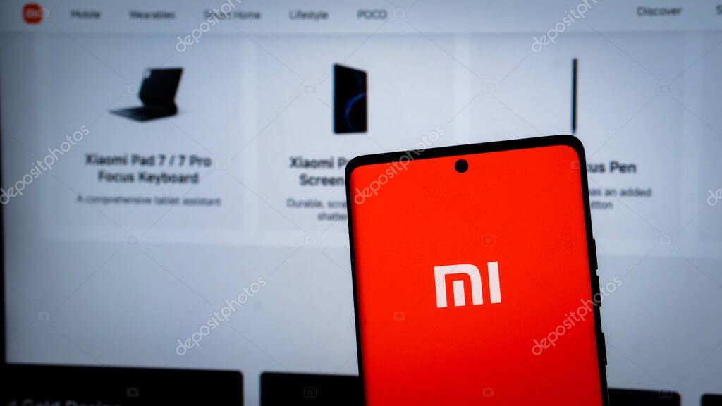 Dhaka, Bangladesh 04 May 2025: Xiaomi MI logo on xiaomi modern smartphone screen.