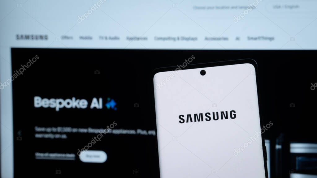 Dhaka, Bangladesh 03 May 2025: Smartphone on surface showing Samsung logo.