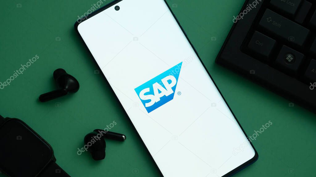 Dhaka, Bangladesh 03 May 2025: Smartphone on surface showing SAP logo.