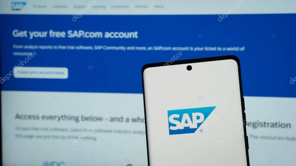 Dhaka, Bangladesh 03 May 2025: Smartphone on surface showing SAP logo.