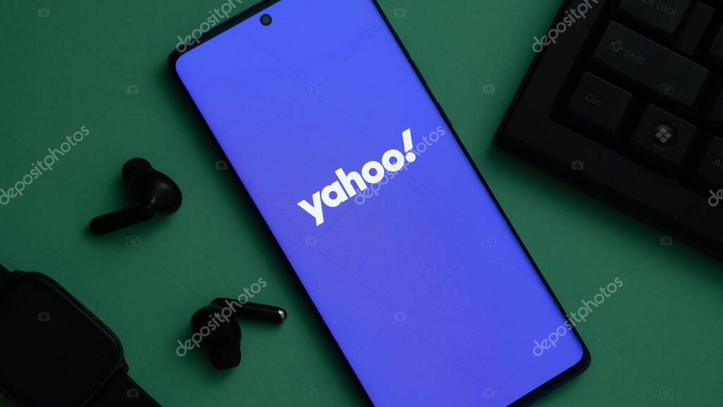 Dhaka, Bangladesh 02 May 2025: Yahoo logo displayed on mobile phone.