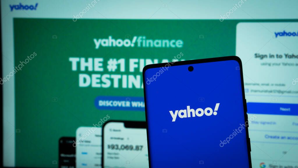 Dhaka, Bangladesh 02 May 2025: Yahoo logo displayed on mobile phone.