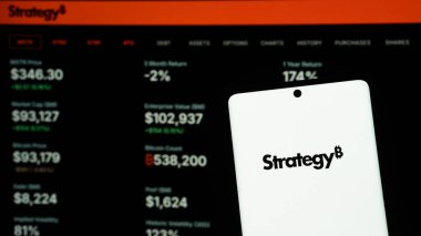 Dhaka, Bangladeş 24 Mayıs 2025: Karanlık bir arayüzde finansal veri ve şirket logosu sergilenen strateji platformu.