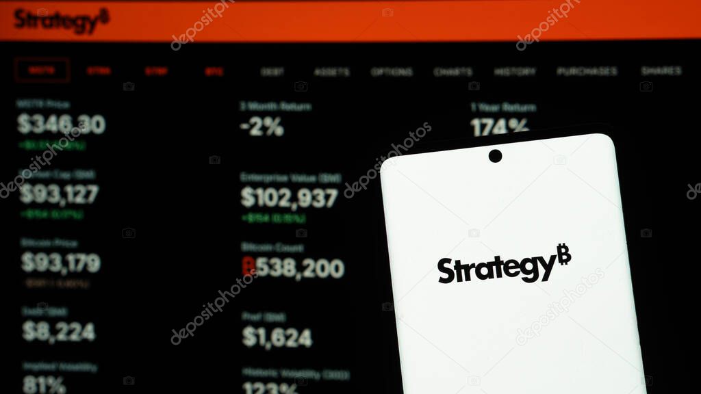 Dhaka, Bangladesh 24 May 2025:Strategy platform showcasing financial data and company logo on a dark interface.