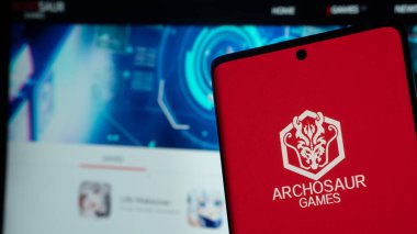 Dhaka, Bangladesh 01 June 2025:Archosaur Games logo in red on a futuristic digital background.