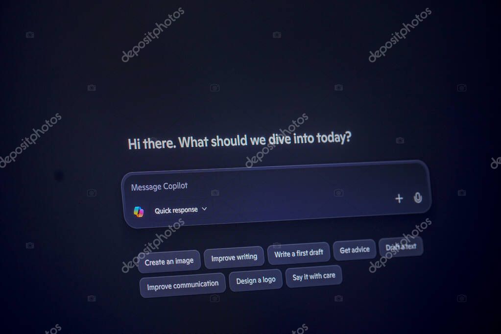 Dhaka, Bangladesh 23 August 2025: Dark interface of Microsoft Copilot with search bar, minimalistic design, focused on AI interaction