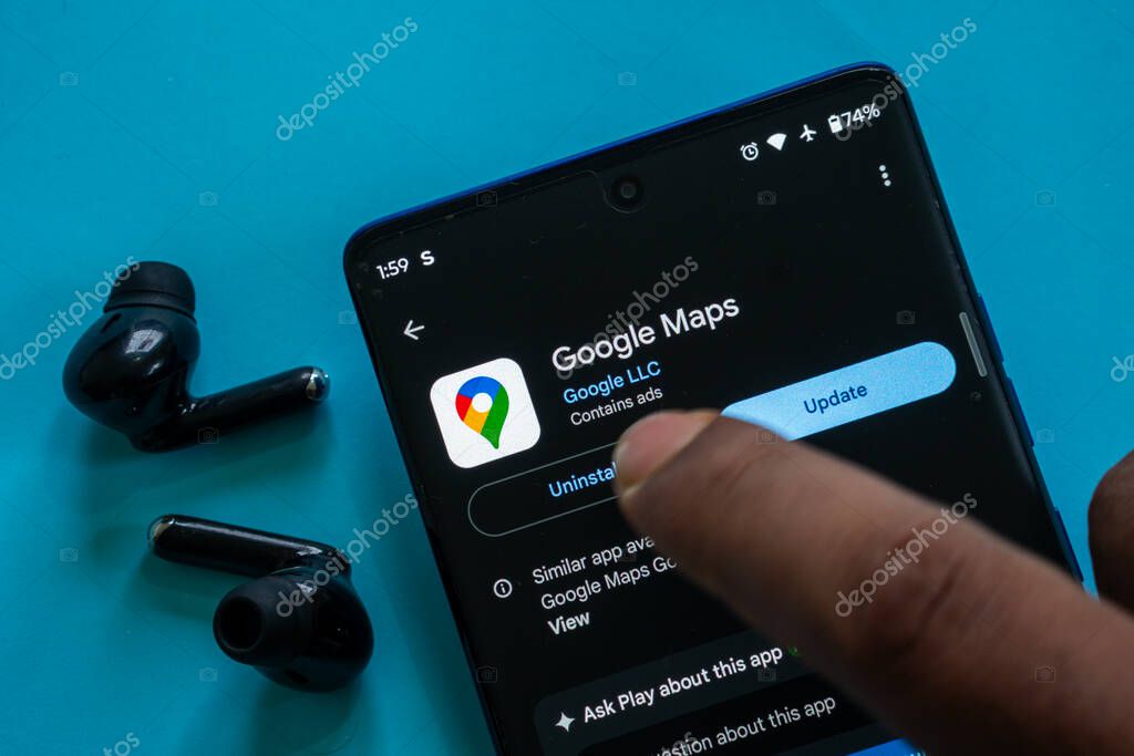 Dhaka, Bangladesh 23 August 2025:Finger pointing at Google Maps update on smartphone app store