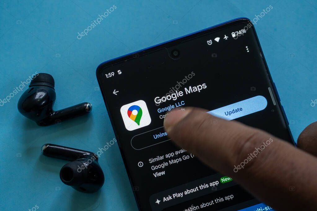 Dhaka, Bangladesh 23 August 2025:User's finger pointing at Google Maps on smartphone