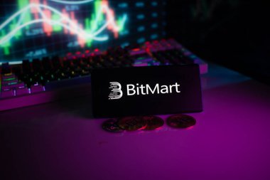 Dhaka, Bangladeş 18 Eylül 2025: BitMart logosu, arka planda madeni para ve ticaret grafikleri bulunan neon ışıklı bir ortam
