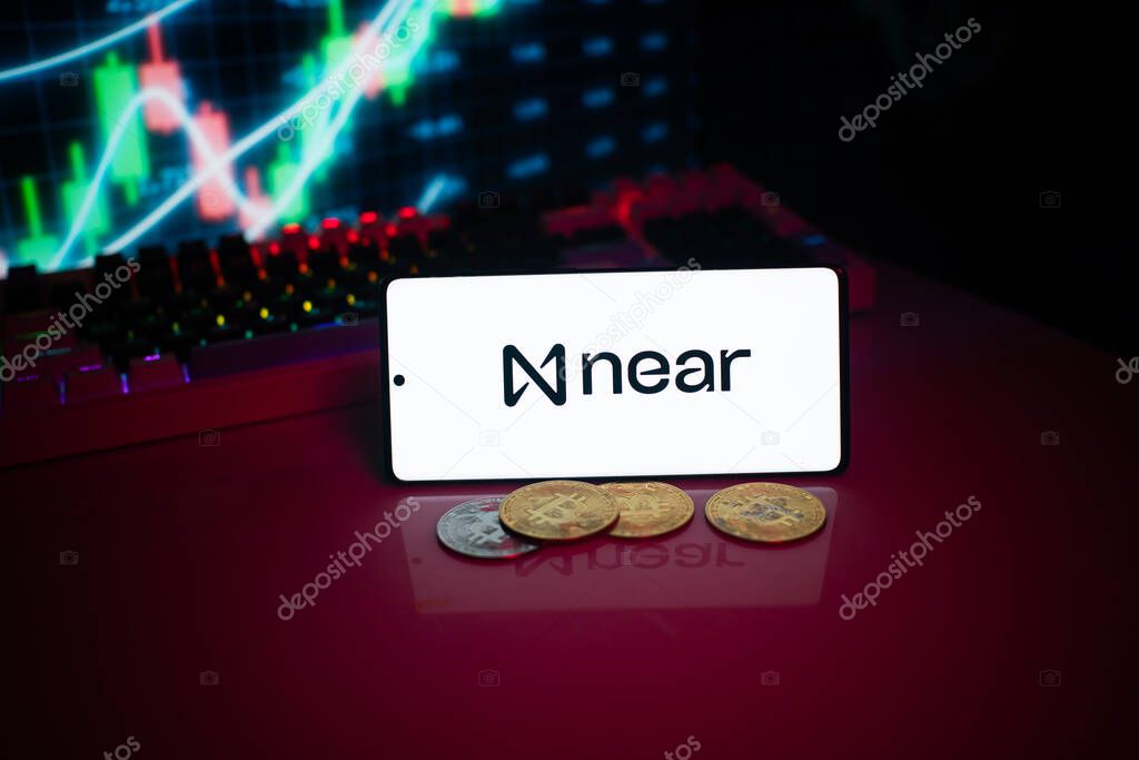 Dhaka, Bangladesh 18 September 2025:Near protocol logo on a lit screen with coins and trading graphs in the background